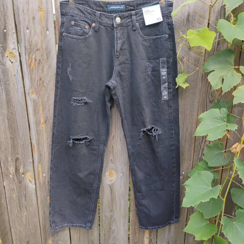 Aéropostale 90s Low Rise Baggy Distressed Jeans Black Denim Womens Size 6 Short